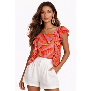 Cynthia Rowley Tropical Floral Ruffle‎ Rayon Blouse Size S NWT
